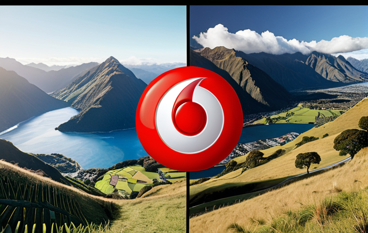 A split-screen image showcasing the Vodafone logo on one side, representing stable call quality and coverage, and the 2degrees logo on the other side, symbolizing affordable plans. The background should depict a diverse New Zealand landscape, highlighting the importance of coverage.