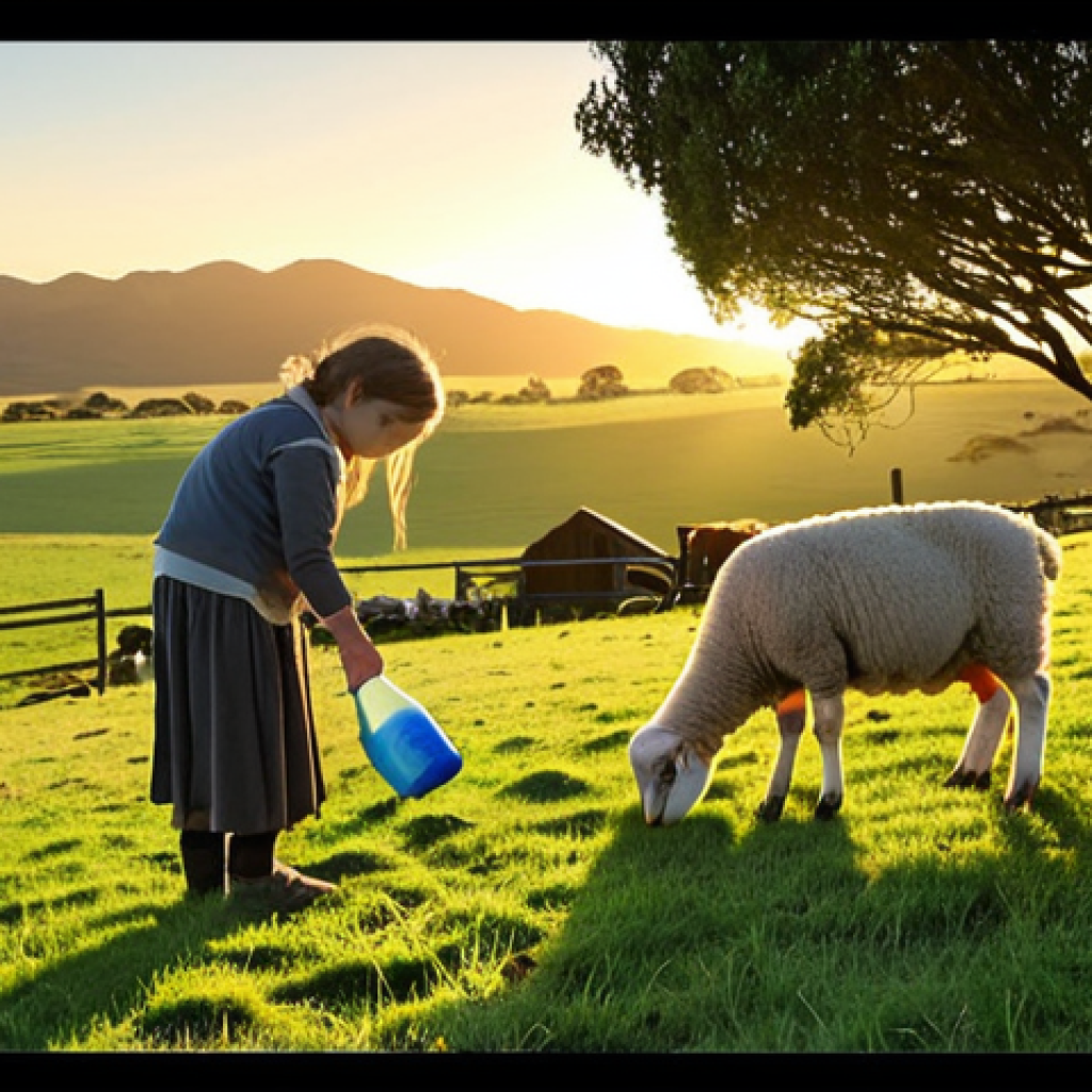 A serene New Zealand farm at early dawn. Soft, golden light from the rising sun illuminates dew-kissed green grass, making it sparkle like jewels. In the foreground, a person is gently bottle-feeding an adorable baby lamb, while sheep graze peacefully nearby. Chickens peck at the ground, and cows are visible in the tranquil background, creating a vibrant yet peaceful rural landscape.