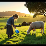 A serene New Zealand farm at early dawn. Soft, golden light from the rising sun illuminates dew-kissed green grass, making it sparkle like jewels. In the foreground, a person is gently bottle-feeding an adorable baby lamb, while sheep graze peacefully nearby. Chickens peck at the ground, and cows are visible in the tranquil background, creating a vibrant yet peaceful rural landscape.