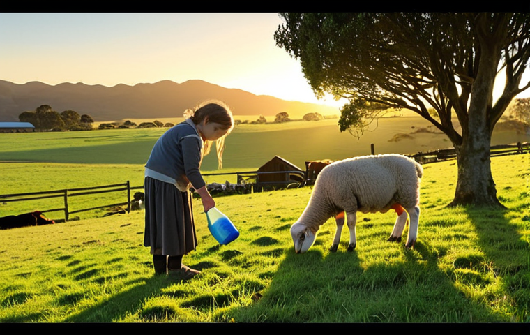 A serene New Zealand farm at early dawn. Soft, golden light from the rising sun illuminates dew-kissed green grass, making it sparkle like jewels. In the foreground, a person is gently bottle-feeding an adorable baby lamb, while sheep graze peacefully nearby. Chickens peck at the ground, and cows are visible in the tranquil background, creating a vibrant yet peaceful rural landscape.
