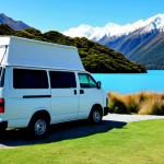 A solo female traveler, fully clothed in modest, comfortable outdoor attire, stands thoughtfully beside a modern, well-maintained campervan. The campervan is parked at a scenic Department of Conservation (DOC) campsite in New Zealand, overlooking a serene, turquoise lake and majestic, snow-capped mountains under a clear blue sky. The scene conveys a sense of peace, freedom, and connection with nature, captured with professional lighting. High quality, perfect anatomy, correct proportions, natural pose, well-formed hands, proper finger count, natural body proportions, safe for work, appropriate content, fully clothed, family-friendly.