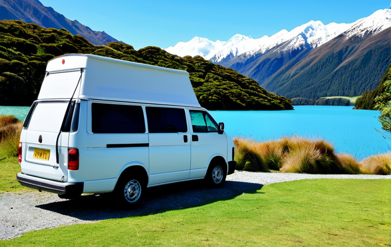 A solo female traveler, fully clothed in modest, comfortable outdoor attire, stands thoughtfully beside a modern, well-maintained campervan. The campervan is parked at a scenic Department of Conservation (DOC) campsite in New Zealand, overlooking a serene, turquoise lake and majestic, snow-capped mountains under a clear blue sky. The scene conveys a sense of peace, freedom, and connection with nature, captured with professional lighting. High quality, perfect anatomy, correct proportions, natural pose, well-formed hands, proper finger count, natural body proportions, safe for work, appropriate content, fully clothed, family-friendly.