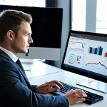 A professional financial analyst, fully clothed in a modest business suit, seated at a sleek modern desk in a contemporary office setting. The analyst is reviewing data on a computer screen displaying New Zealand real estate market trends and charts, with a thoughtful, focused expression. The scene is illuminated by soft natural light. Safe for work, appropriate content, professional dress, fully clothed, perfect anatomy, correct proportions, natural pose, well-formed hands, proper finger count, natural body proportions, high-quality professional photography, realistic, detailed.